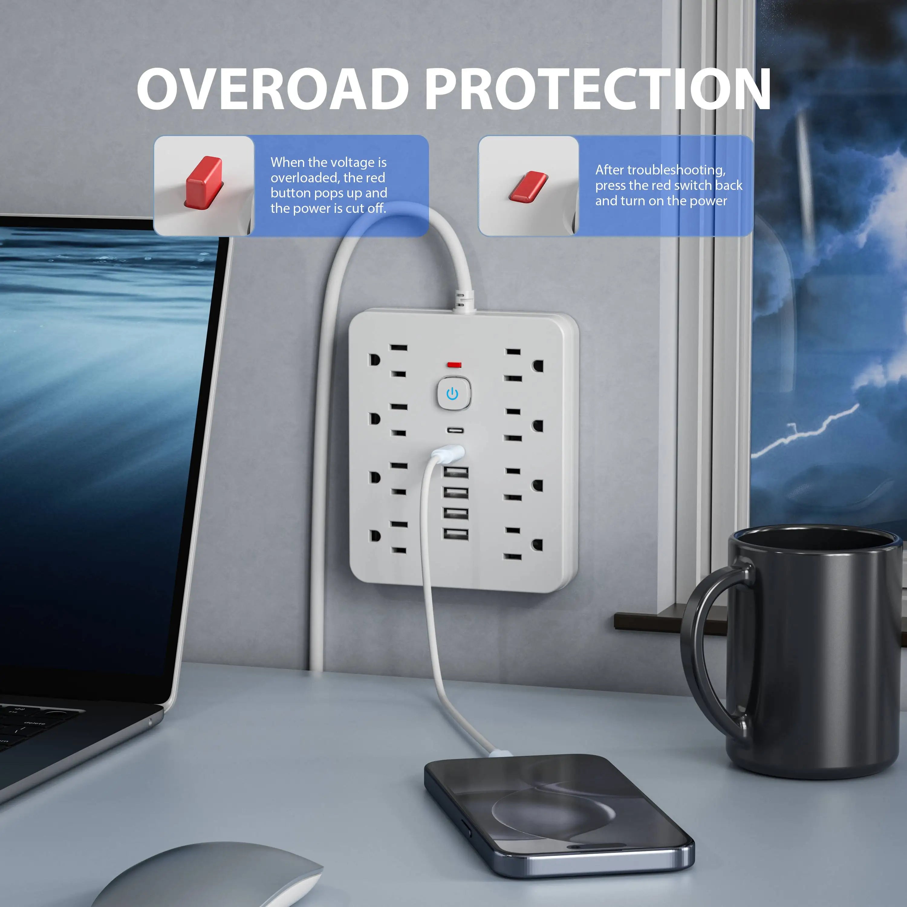 8-Outlet Surge Protector Power Strip with 6 USB Ports