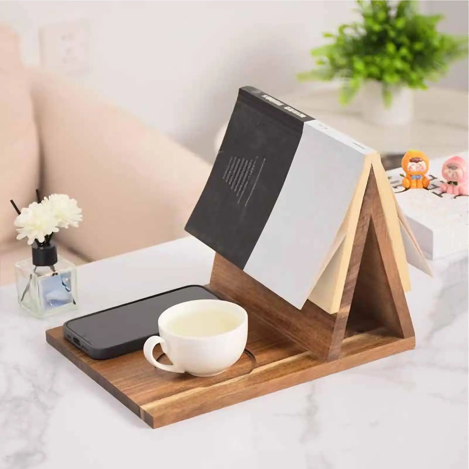 Wooden Book Stand with Cup Holder