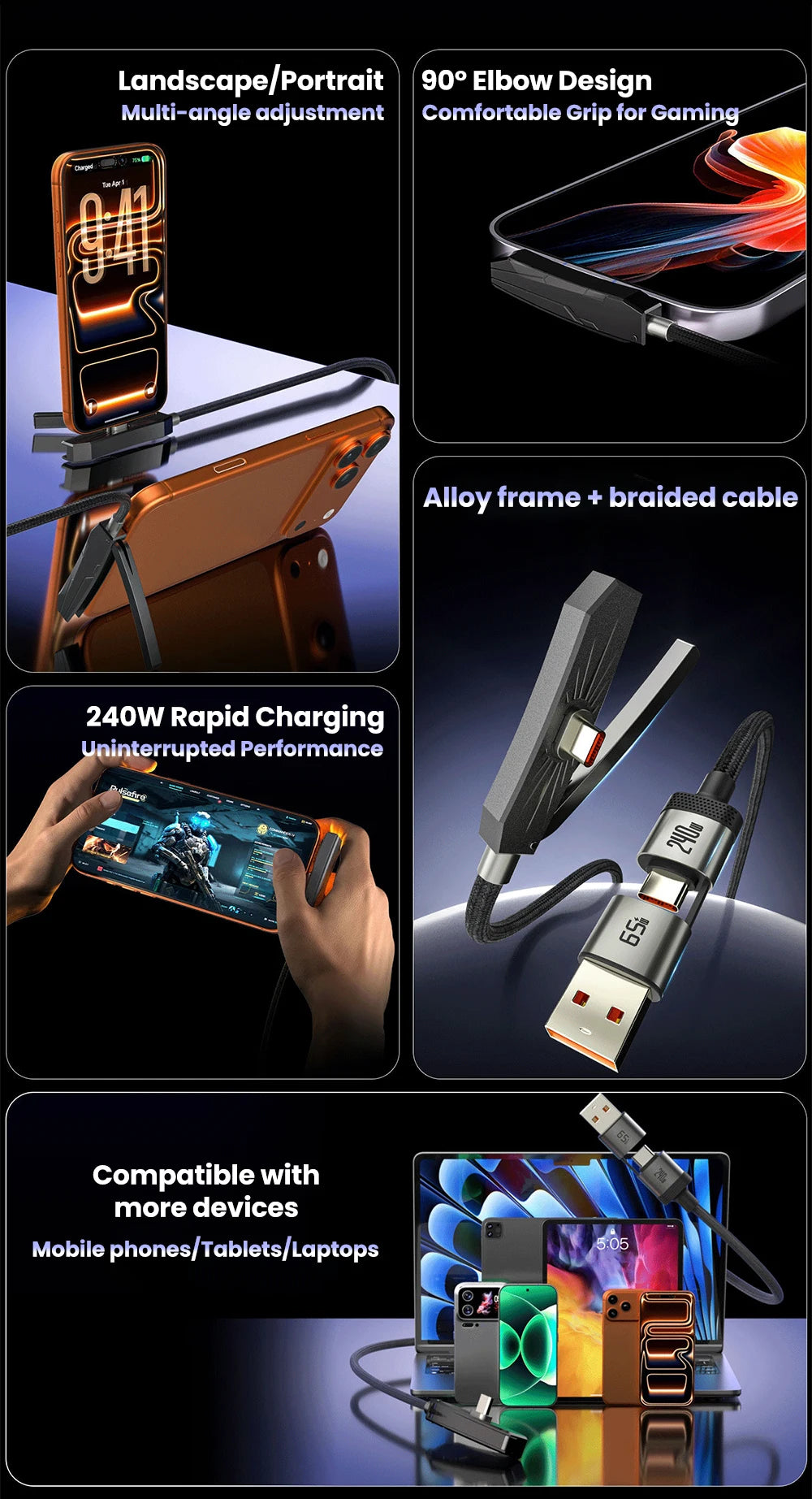 2-in-1 USB-C Fast Charging Cable with Phone Stand